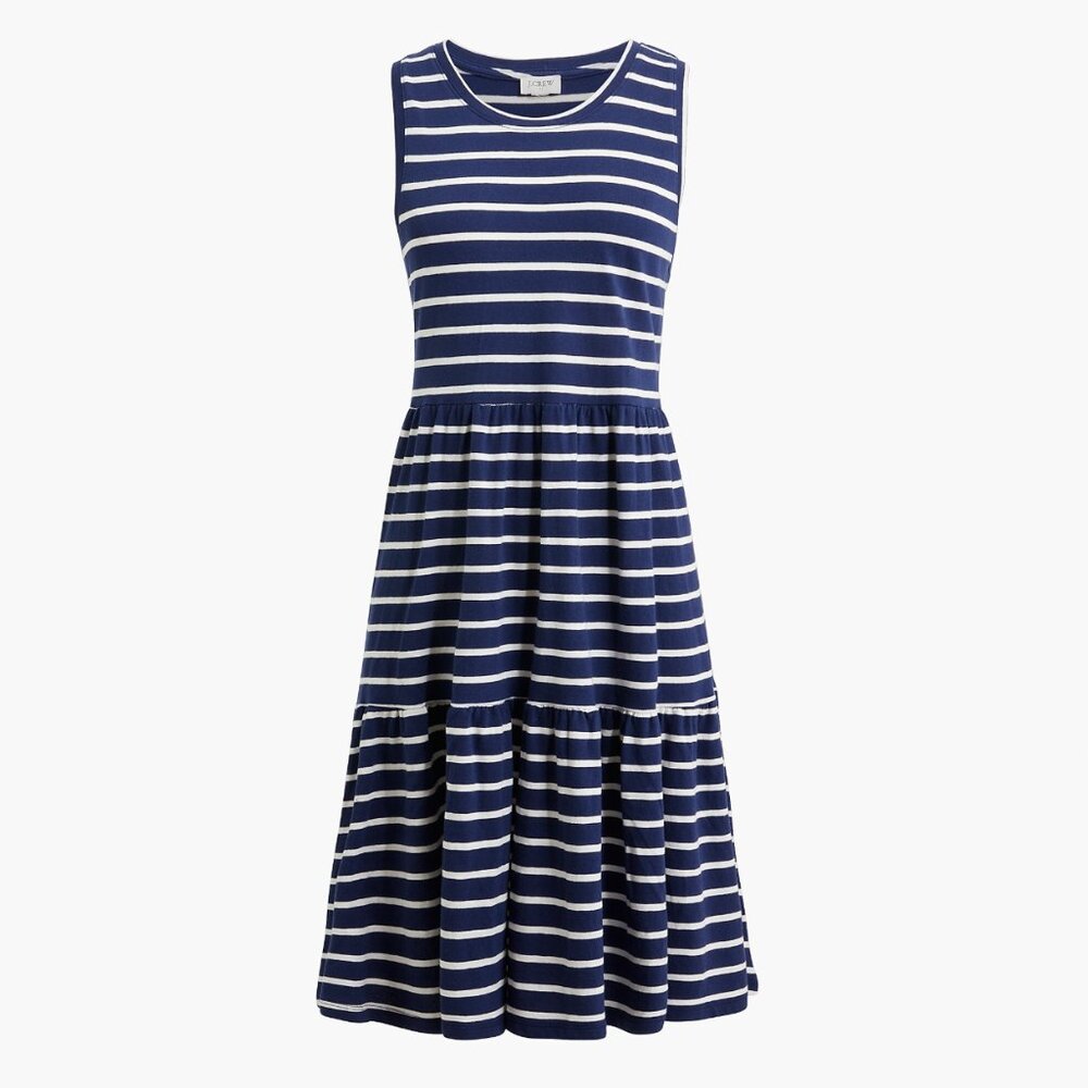 NWT J.Crew Sleeveless Striped Knit Tiered Mini Dress Navy Blue M Medium Cotton